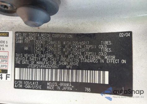 2004 Toyota Highlander Limited V6 from USA, damaged, VIN JTEDP21A940025867